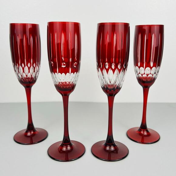 Williams Sonoma Jewel Cut Wilshire Collection Set of 4 Red Champagne Flutes NEW - Picture 9 of 10